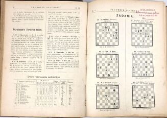 [PIERWSZE POLSKIE CZASOPISMO SZACHOWE] TYGODNIK SZACHOWY R. 1. NR 1-4, 7-12. R. 2. NR 1-32. Warszawa 1898-1899. - 5