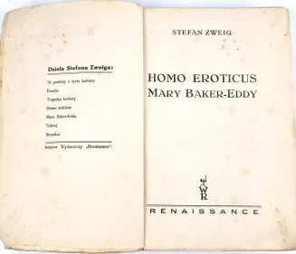 ZWEIG Stefan - HOMO EROTICUS. MARY BAKER-EDDY wyd.1, okładka Karol Hiller - 2