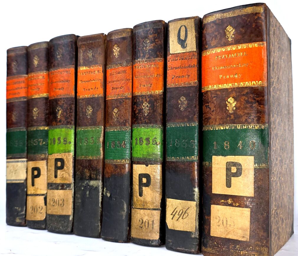 [PIERWSZE POLSKIE CZASOPISMO TEOLOGICZNE] PRZYJACIEL CHRZEŚCIJAŃSKIEJ PRAWDY. Czasopismo teologiczne dla oświecenia i zbudowania kapłanów najprzód, a potem katolickich chrześcijan, Przemyśl 1833–1840, roczniki 1–8 (komplet).