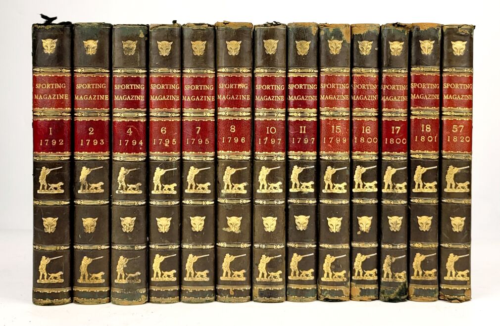 [KALENDARZ MYŚLIWSKI I SPORTOWY] THE SPORTING MAGAZINE OR MONTHLY CALENDAR Londyn 1792-1821, 13 woluminów