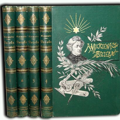 MICKIEWICZ -DZIEŁA wyd. Biegeleisen LWÓW 1893r. Tom I-IV OPRAWA WYDAWNICZA 4 portrety autora i podobizny autografów