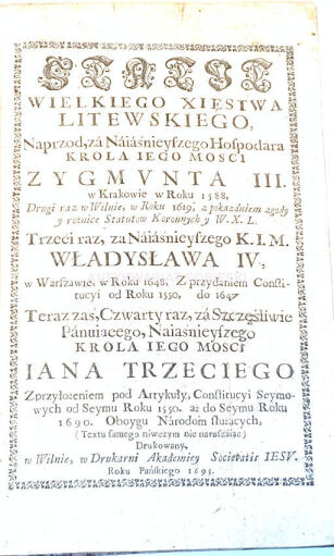 Statut Wielkiego Xięstwa Litewskiego z 1693r. Rzadki polski starodruk sprzed 328 lat!
